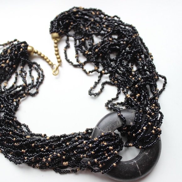 1980s boho tribal multistrand necklace beads horn black gold glass collier - Picture 10 of 11